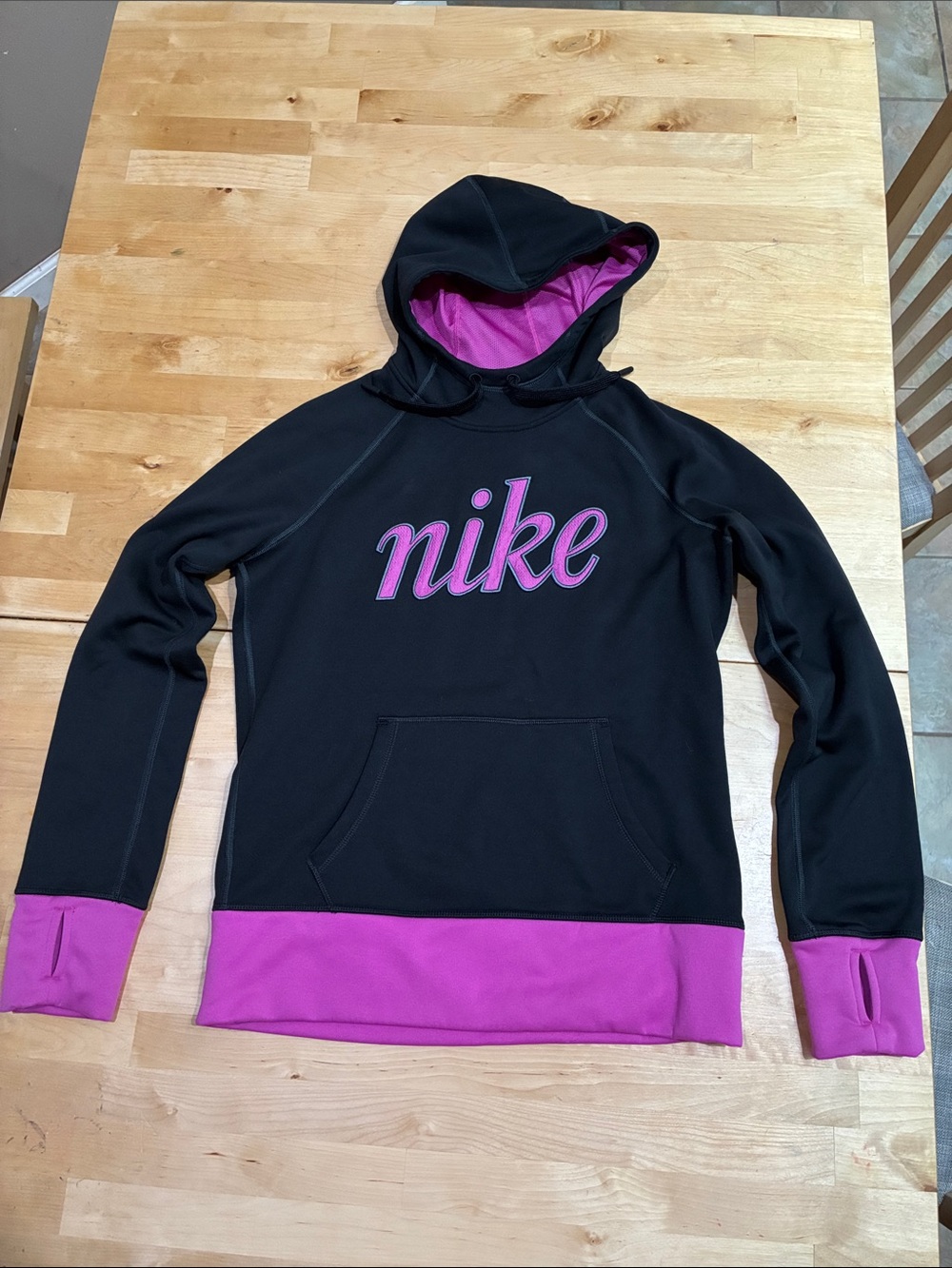 Nike Women’s Black Hoodie with Pink Trim and Logo size M